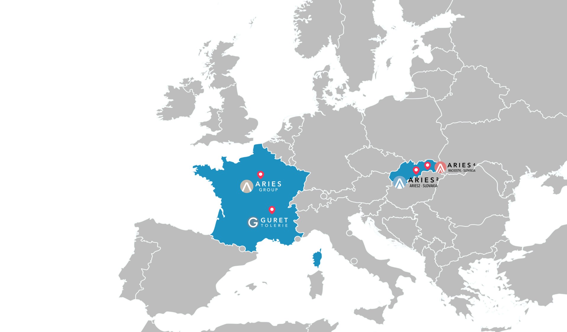 site map of Aries production sites in Europe